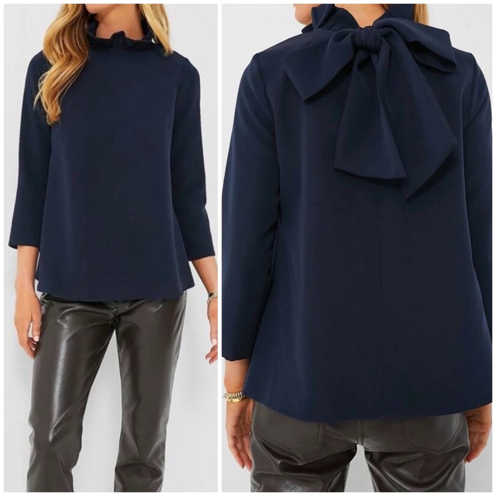 Tuckernuck Faye Blouse, Ruffle Stand Neck, Bow-Tie Back, 3/4 Sleeve - Women XXXL